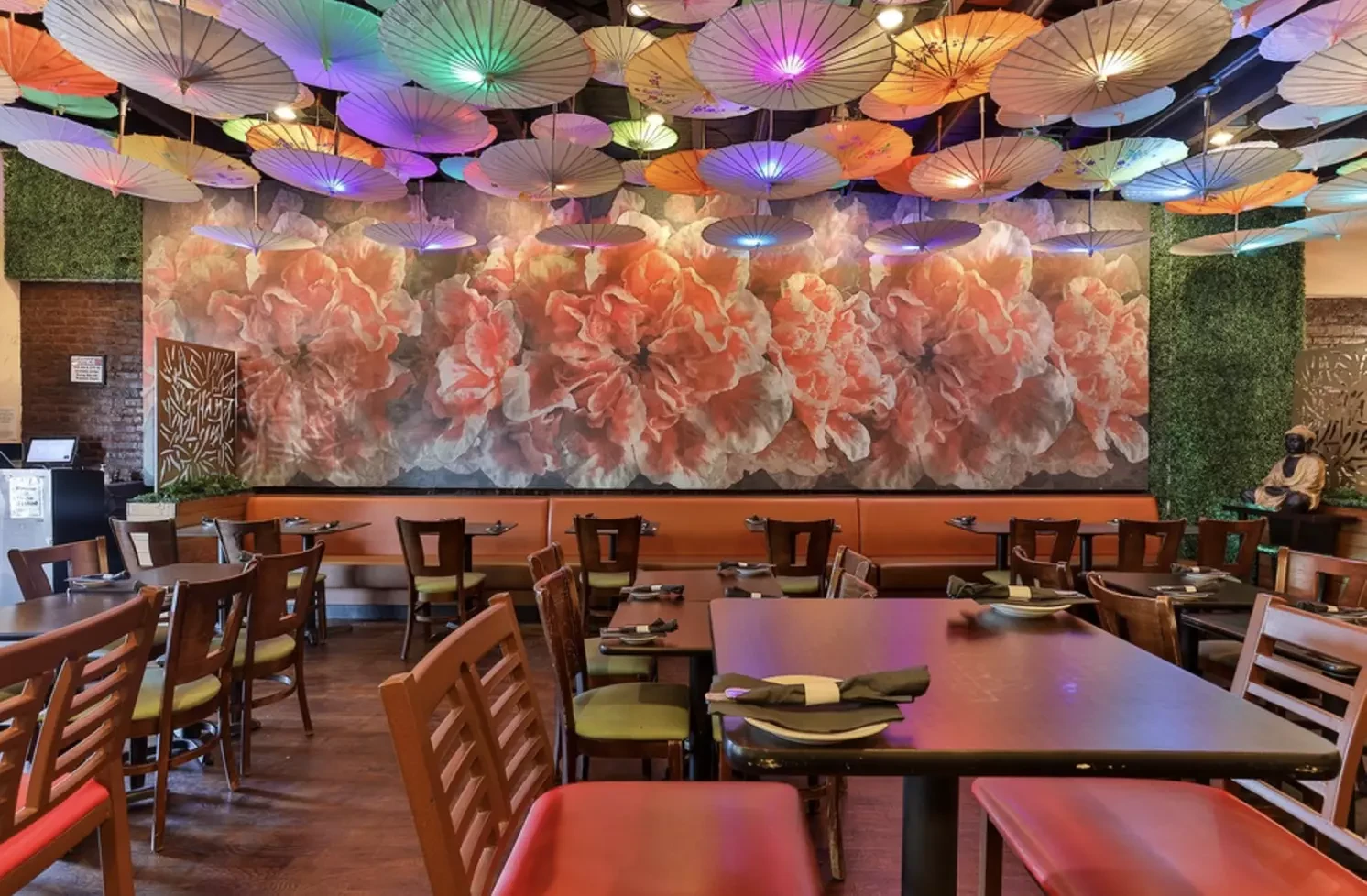 Restaurant interior with colorful hanging umbrellas